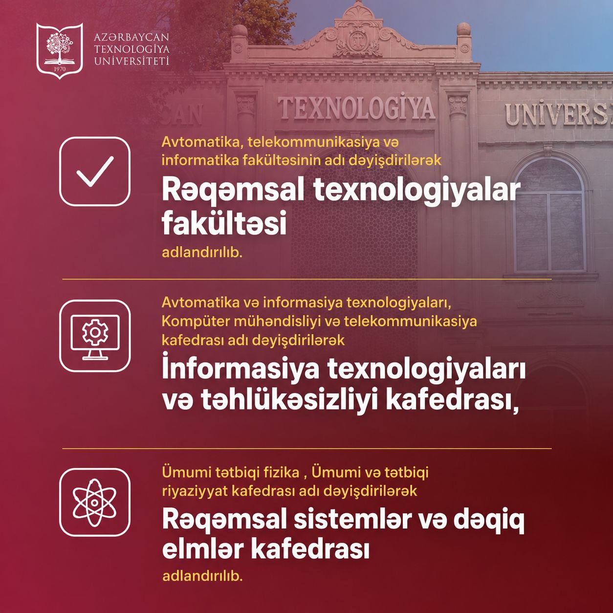 🔁 ATU-da fakültə və kafedra adları mövcud ixtisasların tələblərinə uyğun yenilənib